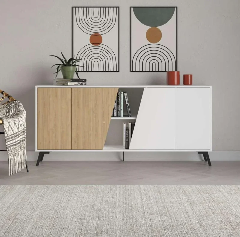 Console LIONAS 180 cm - Buffet de rangement - Chêne et blanc