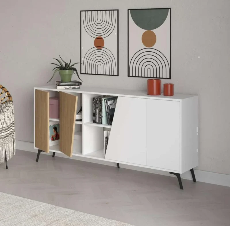 Console LIONAS 180 cm - Buffet de rangement - Chêne et blanc