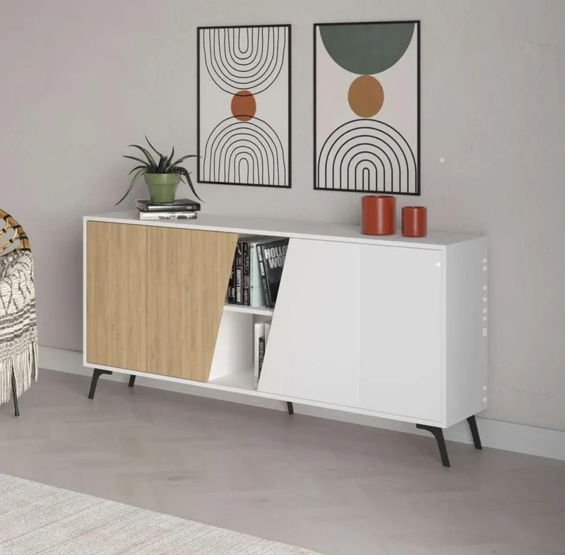 Console LIONAS 180 cm - Buffet de rangement - Chêne et blanc