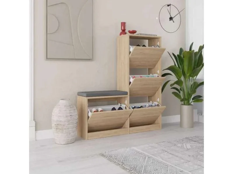 Meuble chaussures DUDE à 4 compartiments avec assise - Chene - Avec meuble d entrée