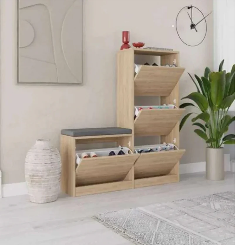 Meuble chaussures DUDE à 4 compartiments avec assise - Chene - Avec meuble d entrée