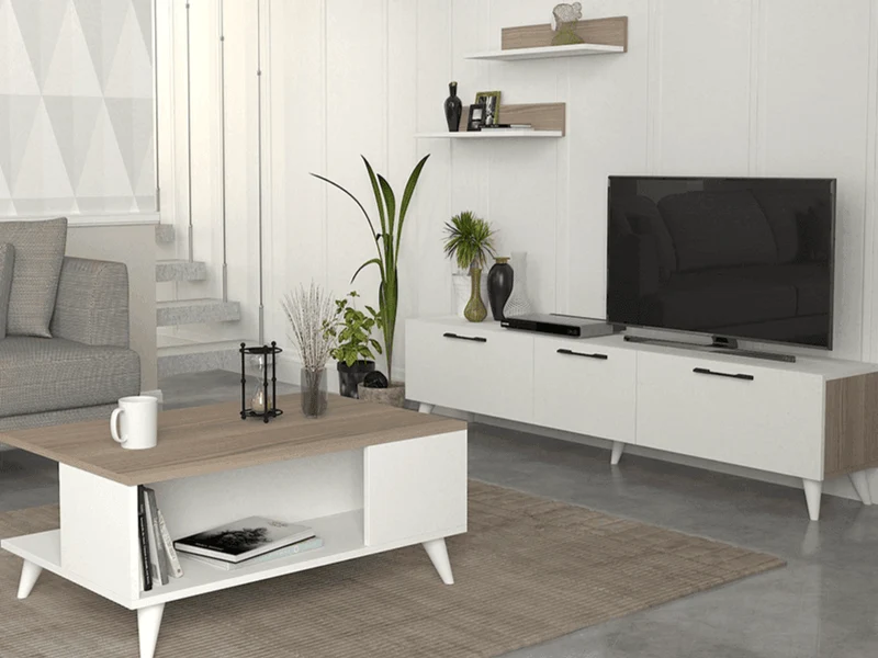 ATEDRAE - Meuble TV - Table basse - Blanc et Gris Cordoba