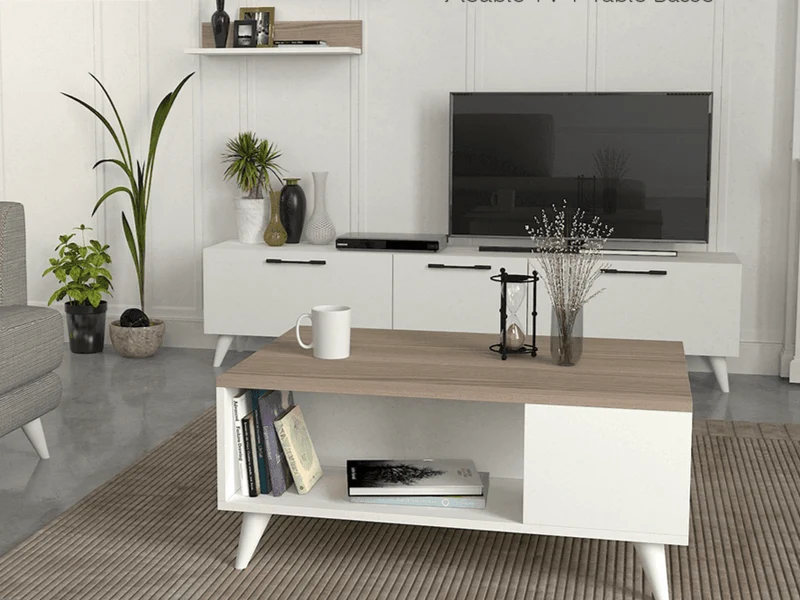 ATEDRAE - Meuble TV - Table basse - Blanc et Gris Cordoba