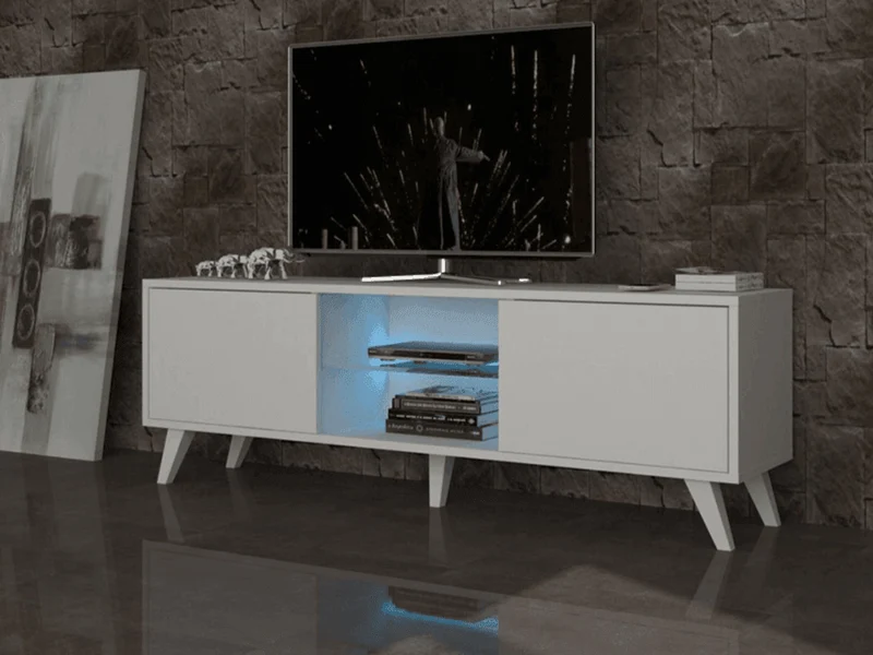 Stand TV PRONTO 150CM BLANC - Meuble TV avec éclairage LED