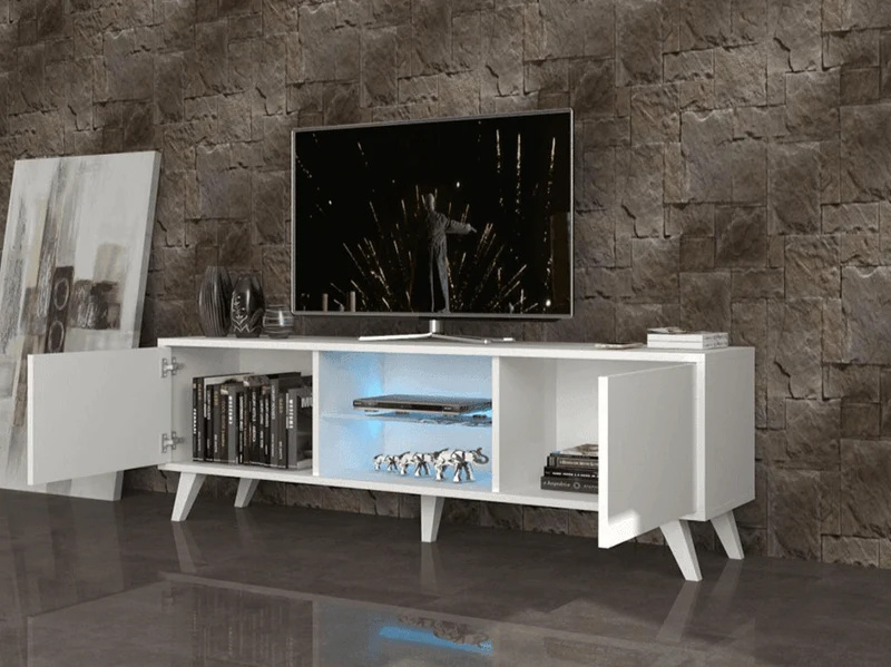 Stand TV PRONTO 150CM BLANC - Meuble TV avec éclairage LED