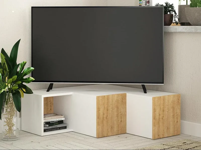 Meuble Tv Angle avec 2 Tiroirs Blanc et Chene