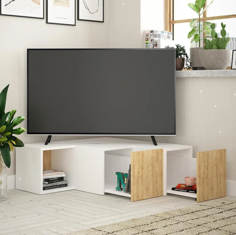 Meuble Tv Angle avec 2 Tiroirs Blanc et Chene