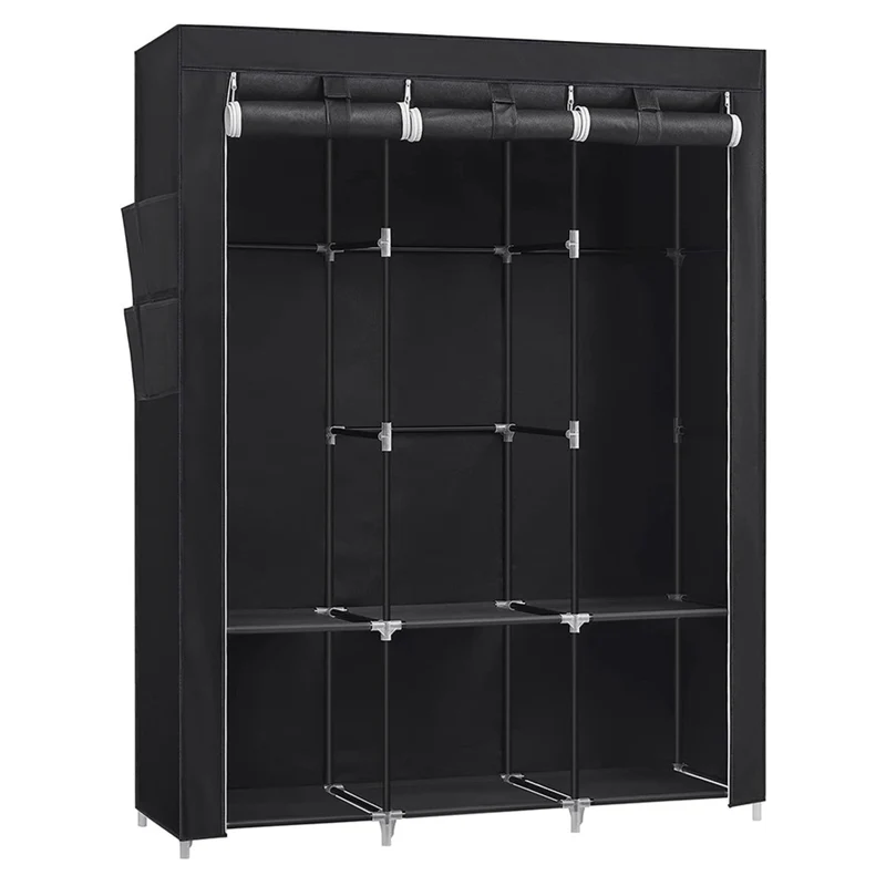 Armoire chambre en tissu porte-vêtements penderie 45 x 170 x 167 cm cm 4 compartiments de suspension étagères à 2 niveaux 4 pochettes grande capacité chambre salon noir 12_0003973