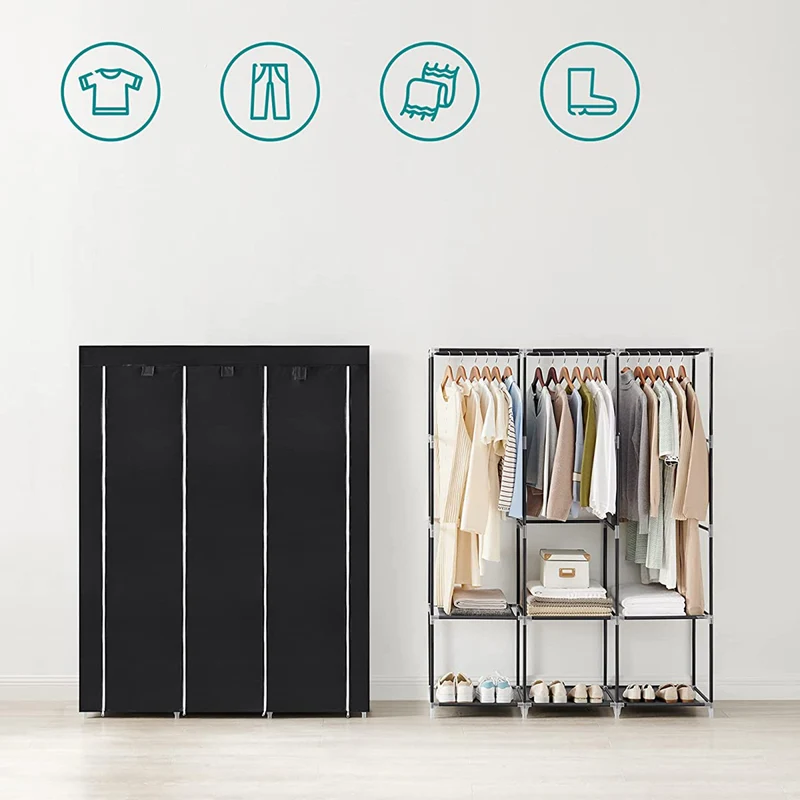 Armoire chambre en tissu porte-vêtements penderie 45 x 170 x 167 cm cm 4 compartiments de suspension étagères à 2 niveaux 4 pochettes grande capacité chambre salon noir 12_0003973