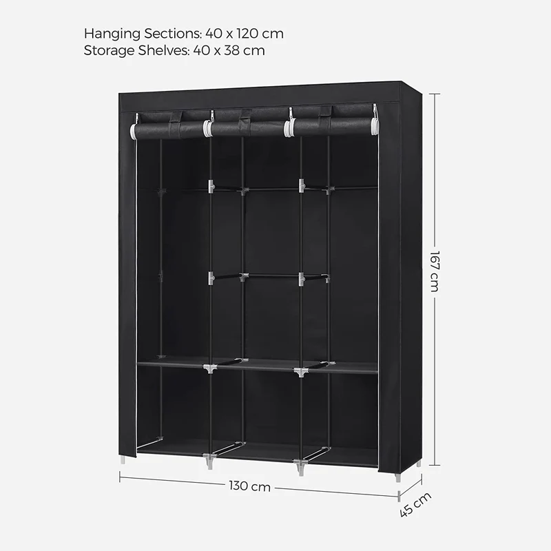 Armoire chambre en tissu porte-vêtements penderie 45 x 170 x 167 cm cm 4 compartiments de suspension étagères à 2 niveaux 4 pochettes grande capacité chambre salon noir 12_0003973