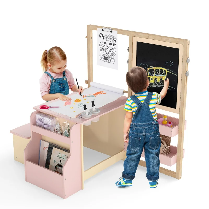 Table avec banc multifonction pour enfant 114 x 81 x 100 cm jouet éducatif ambiance cosy en MDF rose 20_0017495