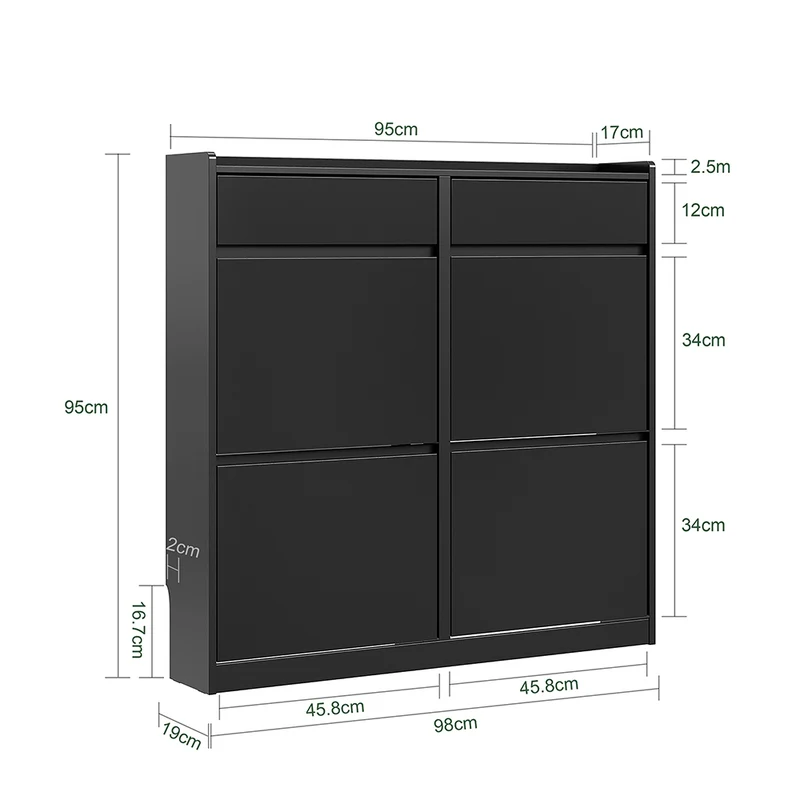 SoBuy Schuhkipper schmal mit 4 Klappen & 2 Schubladen Schwarz FSR169-SCH