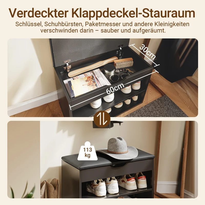 SoBuy | Schuhbank mit Sitzfläche | Schuhregal 3-in-1 | Schwarz | FSR25-SCH