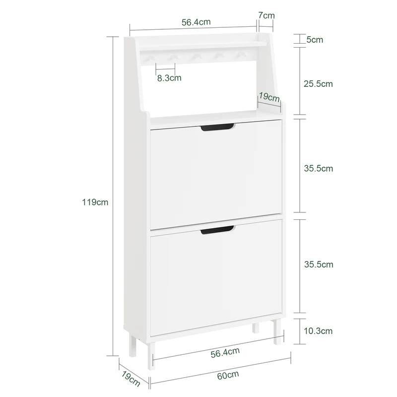 SoBuy Schuhschrank Weiß 2 Türen mit Haken und offener Oberseite 60x19x119 cm FSR221-W