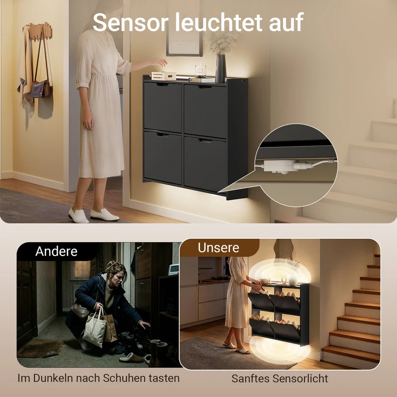 SoBuy | Schuhschrank Schmal Hängend mit Sensorlicht und 19 cm Tiefe | Schwarz | FSR100-E-SCH