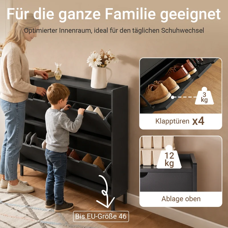 SoBuy Schuhkipper schmal mit 4 Klappen Schuhregal ohne Griffe Schwarz FSR100-SCH