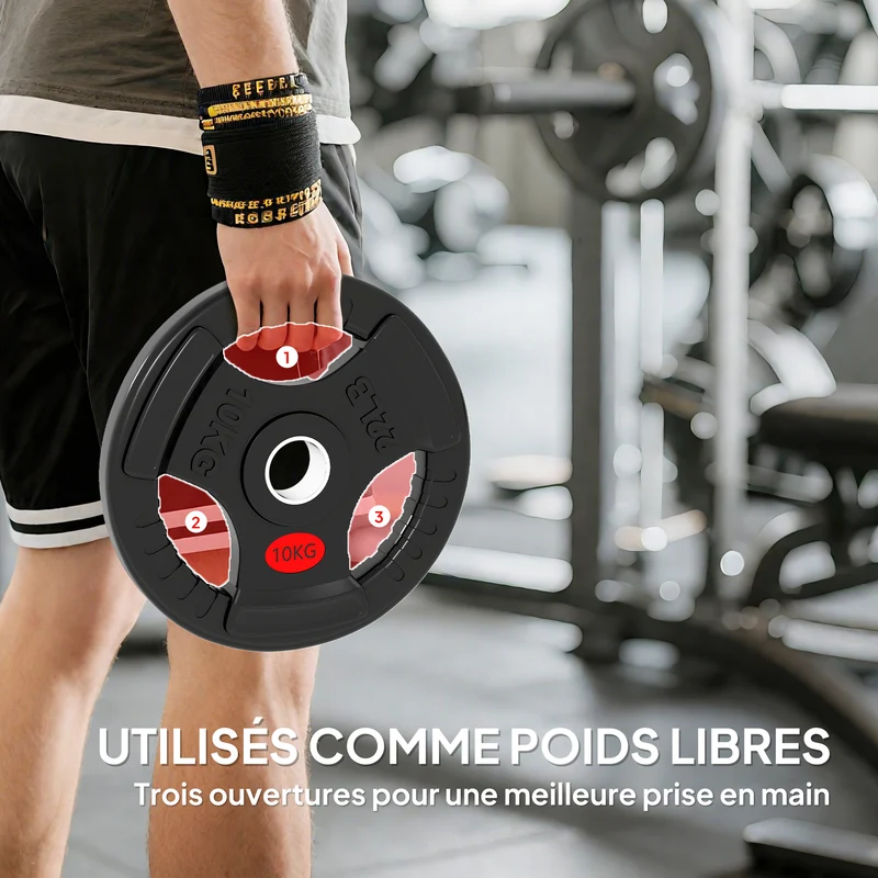 Lot de 2 disques de poids musculation 32 x 4,5 cm manipulation facile protège le sol design industriel en acier noir 21_0006884