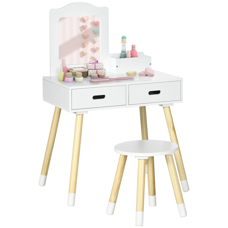 Coiffeuse enfant avec tabouret 60 x 40 x 95 cm rangements pratiques miroir intégré style scandinave chambre en MDF blanc 21_0000266