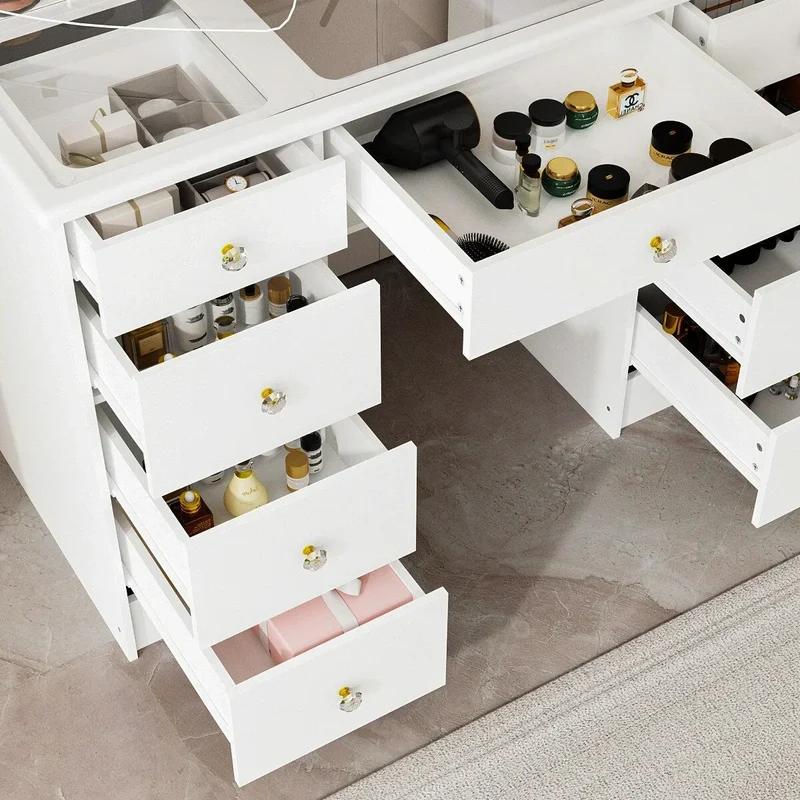 Coiffeuse avec miroir triptyque éclairage certifié et plateau en verre