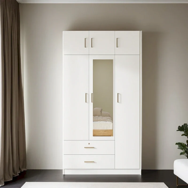 Armoire penderie miroir 3 portes avec 2 tiroirs et meuble haut