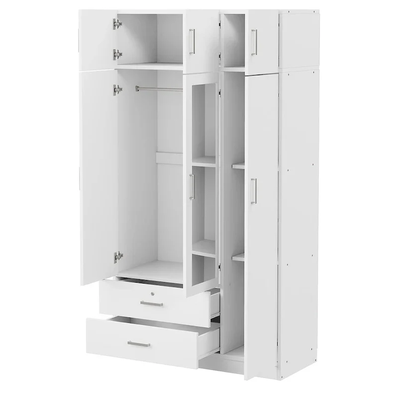Armoire penderie miroir 3 portes avec 2 tiroirs et meuble haut