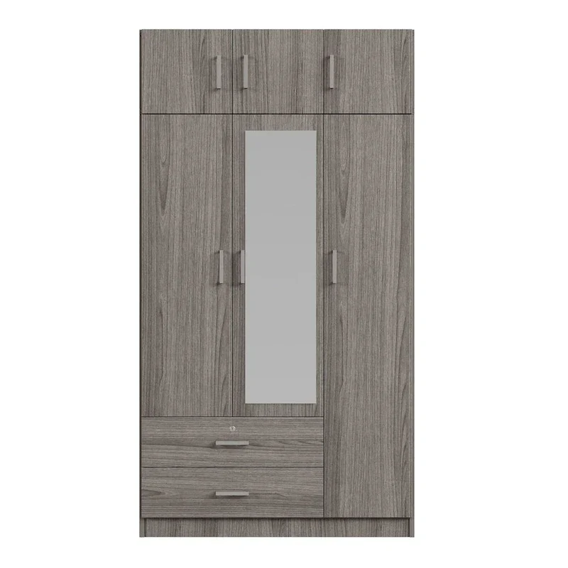 Armoire penderie miroir 3 portes avec 2 tiroirs et meuble haut