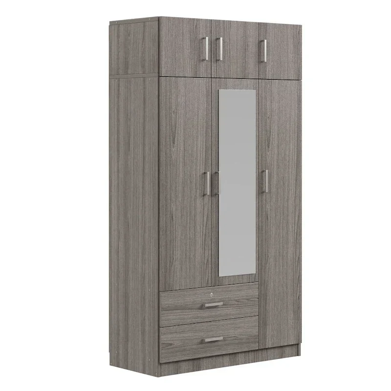Armoire penderie miroir 3 portes avec 2 tiroirs et meuble haut