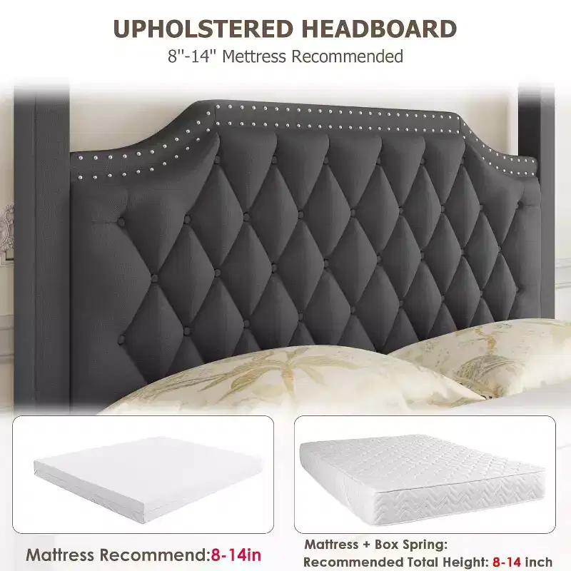 Cadre de lit à baldaquin Queen Size avec 4 poteaux, supports d'angle, sommier à lattes en bois massif, pas besoin de sommier tapissier, sans bruit