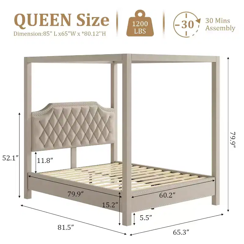 Cadre de lit à baldaquin Queen Size avec 4 poteaux, supports d'angle, sommier à lattes en bois massif, pas besoin de sommier tapissier, sans bruit