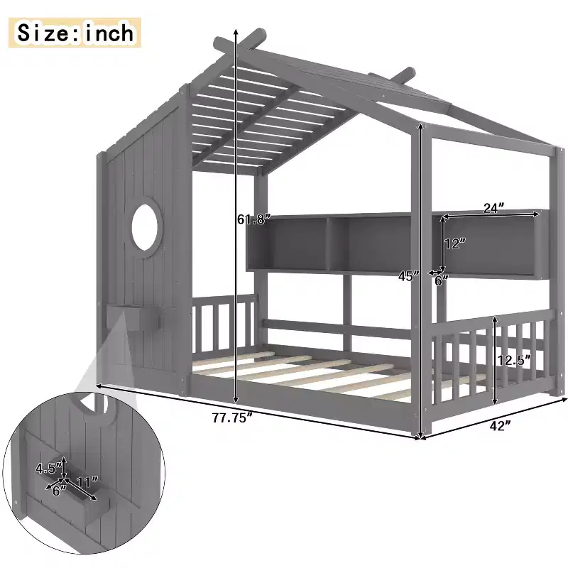 Lit cabane au sol avec étagères de rangement intégrées et toit en lattes
