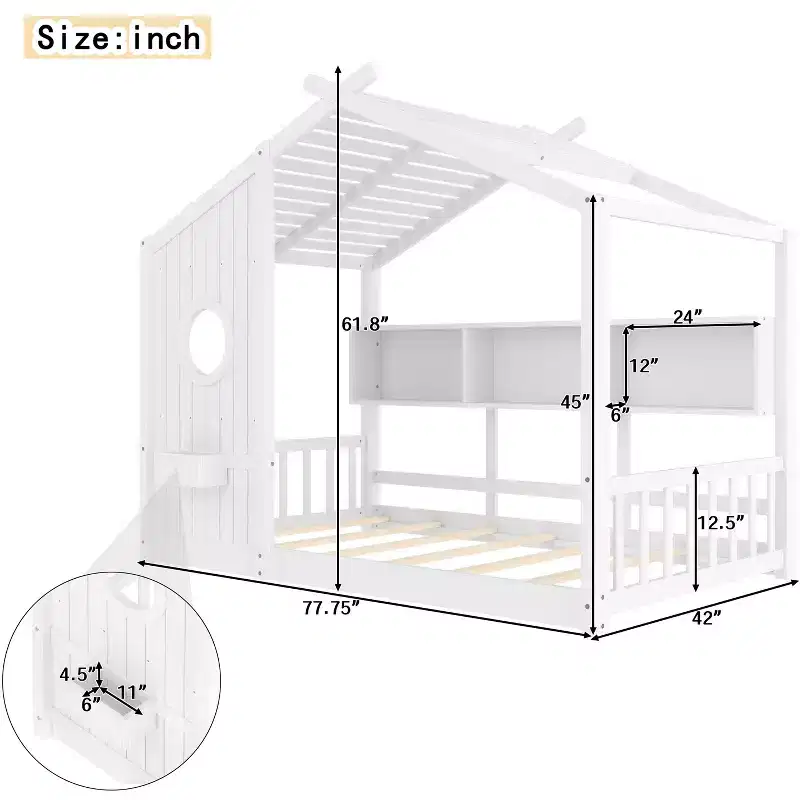 Lit cabane au sol avec étagères de rangement intégrées et toit en lattes