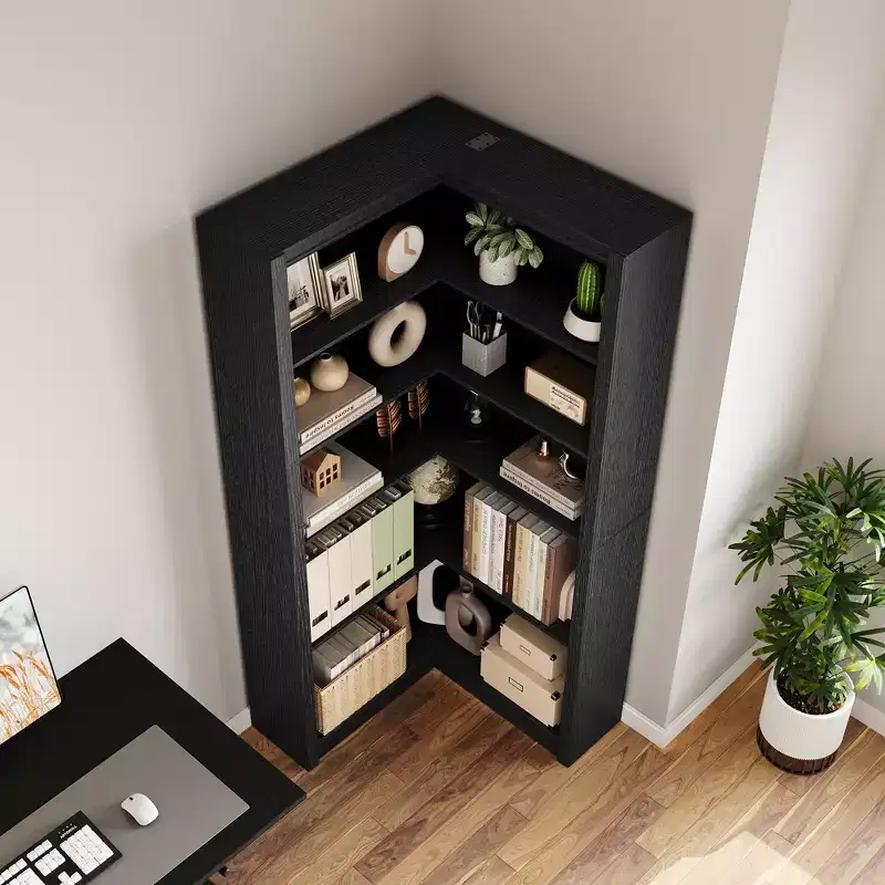 Noir/Blanc/Bois/Rétro, Bibliothèque d'angle en L, 5 niveaux, Simple