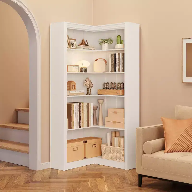 Noir/Blanc/Bois/Rétro, Bibliothèque d'angle en L, 5 niveaux, Simple