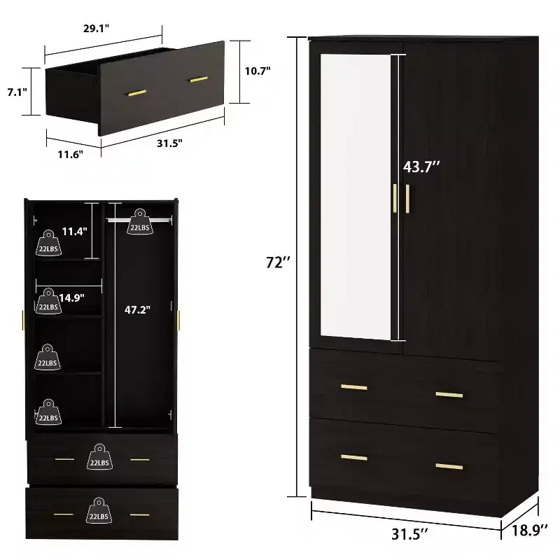 Hitow Armoire de rangement double tiroir avec portes miroir et zones de rangement