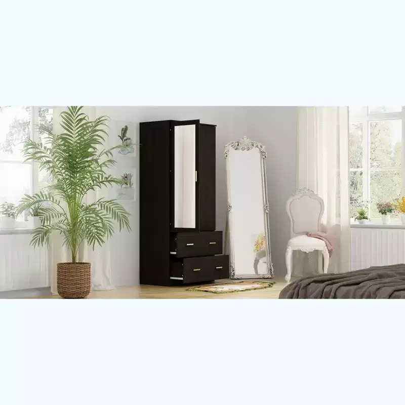 Hitow Armoire de rangement double tiroir avec portes miroir et zones de rangement