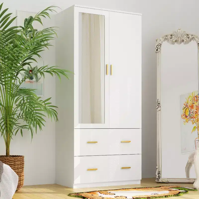 Hitow Armoire de rangement double tiroir avec portes miroir et zones de rangement