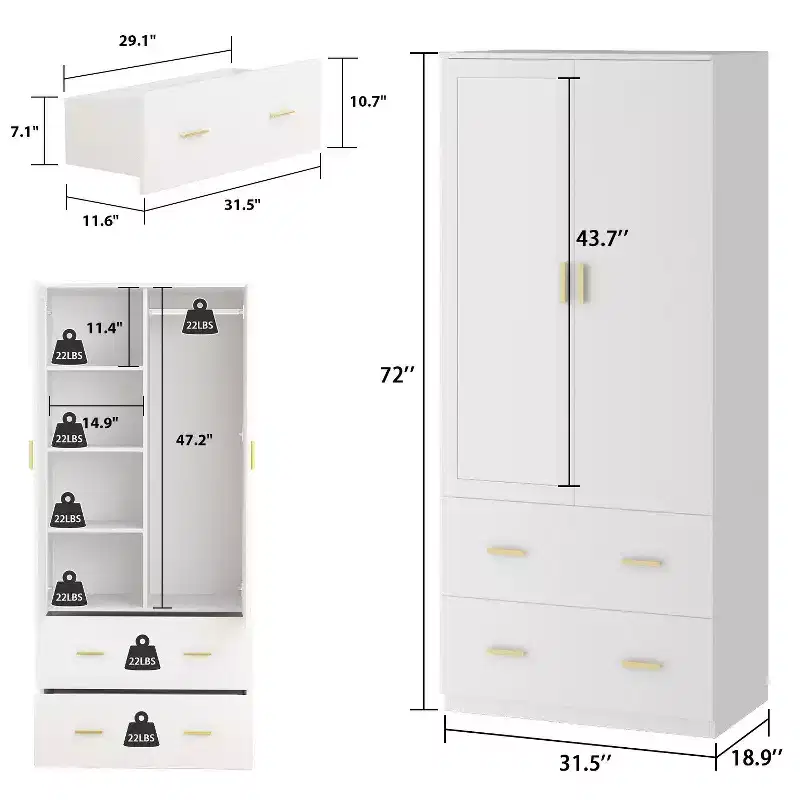 Hitow Armoire de rangement double tiroir avec portes miroir et zones de rangement