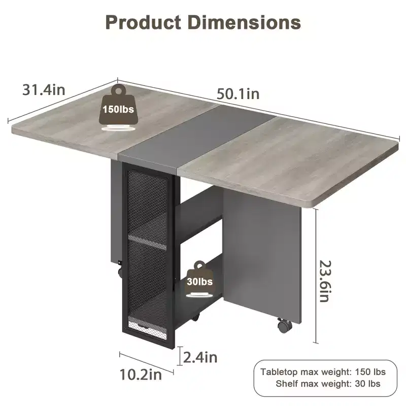 Table à manger pliante pour cuisine, table à manger peu encombrante, table de cuisine à rallonges avec 6 roulettes pour petits espaces