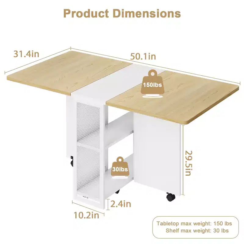 Table à manger pliante pour cuisine, table à manger peu encombrante, table de cuisine à rallonges avec 6 roulettes pour petits espaces