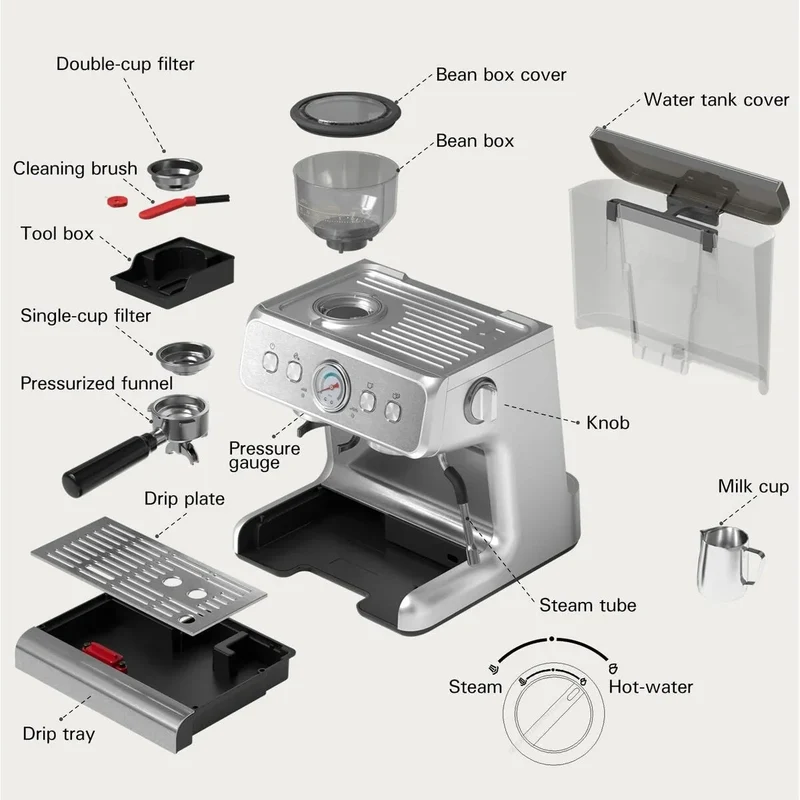 Machine à café semi-automatique avec contrôle intelligent de la température et fonction eau chaude, 30 réglages de mouture
