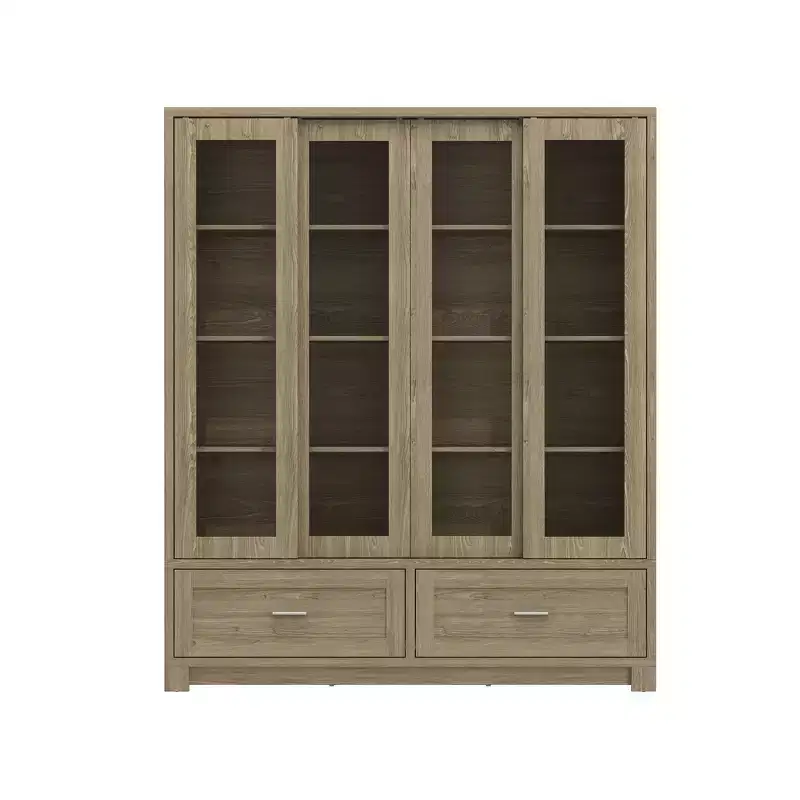 Bibliothèque-vitrine Famapy Chêne Clair : 63cm de large, Portes Coulissantes en Verre + Tiroir de Rangement Organisateur Spacieux pour Bibliothèques à Domicile et Salons