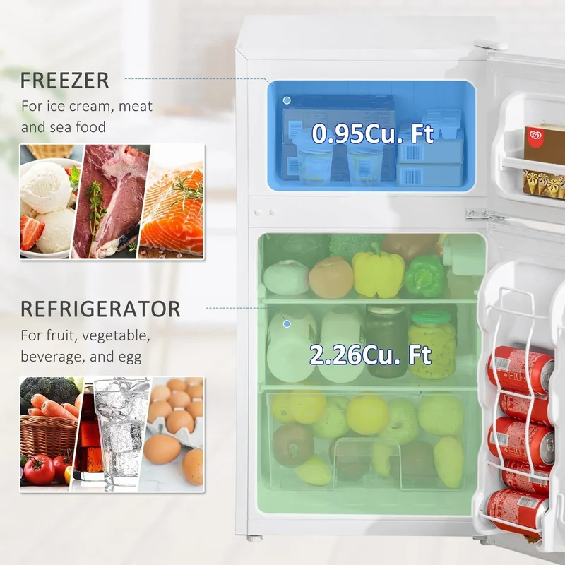 Mini-réfrigérateur HOMCOM à deux portes avec congélateur, réfrigérateur compact de 3,2 pi³ avec étagère réglable, thermostat réglable