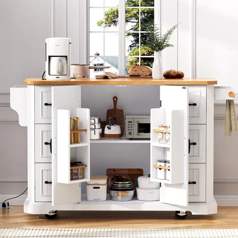 Îlot de cuisine escamotable à abattant, chariot de cuisine à 4 roulettes avec prise de courant, table îlot mobile avec 2 portes et 6 tiroirs
