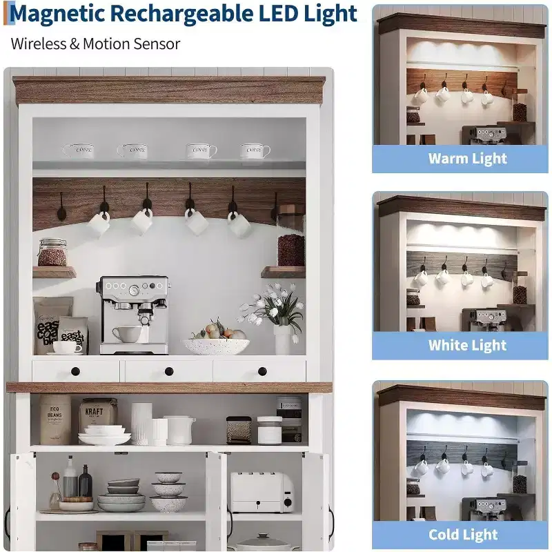 Meuble de bar à café de style ferme de 72 po de haut avec lumières LED, buffet de cuisine avec portes et tiroir, étagères réglables, rangement spacieux