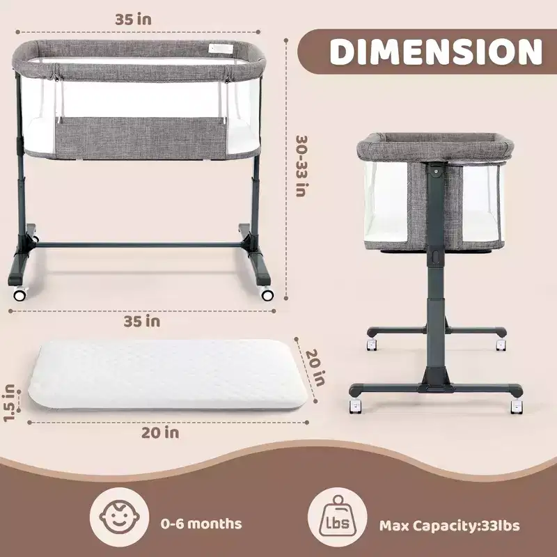Berceau bébé avec roues 鈥?Beige / Gris / Rose, Cododo, pour 1 bébé