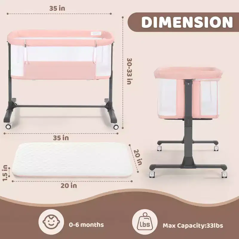Berceau bébé avec roues 鈥?Beige / Gris / Rose, Cododo, pour 1 bébé