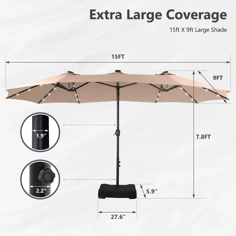 MAISON ARTS Parasol excentré rectangulaire de 4,5 m avec manivelle, parasol de marché double face d'extérieur avec lumières LED solaires et base incluse