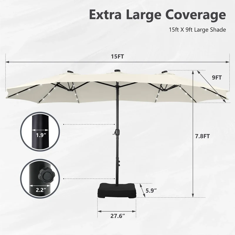 MAISON ARTS Parasol excentré rectangulaire de 4,5 m avec manivelle, parasol de marché double face d'extérieur avec lumières LED solaires et base incluse