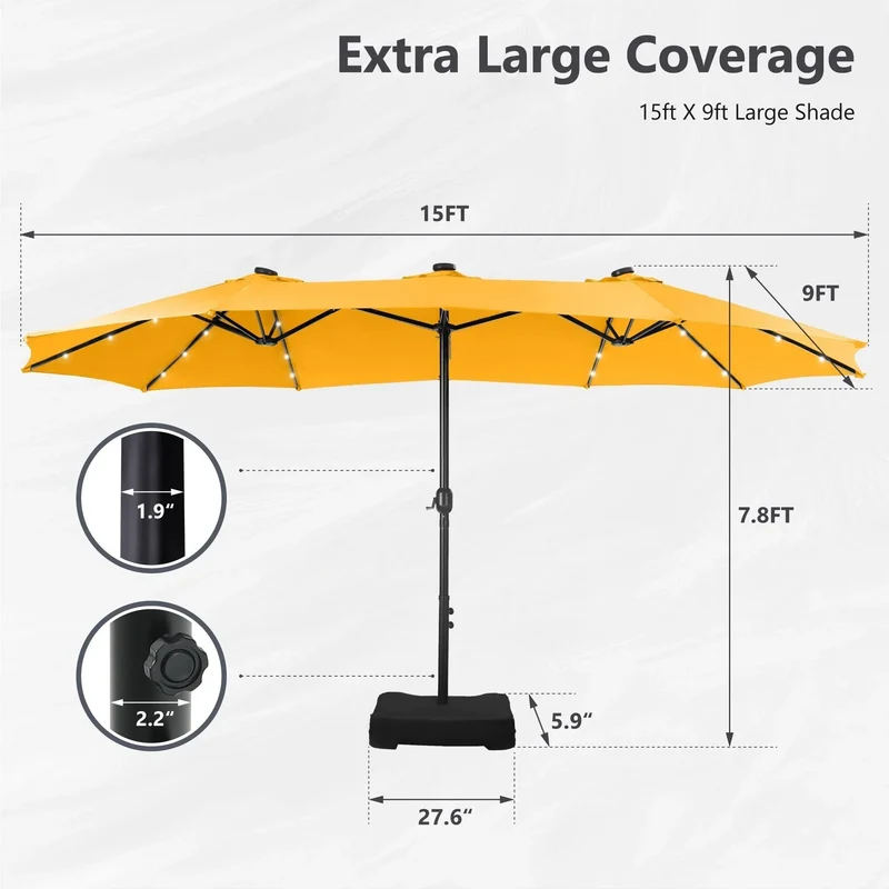 MAISON ARTS Parasol excentré rectangulaire de 4,5 m avec manivelle, parasol de marché double face d'extérieur avec lumières LED solaires et base incluse