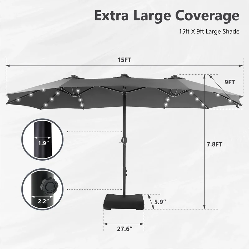 MAISON ARTS Parasol excentré rectangulaire de 4,5 m avec manivelle, parasol de marché double face d'extérieur avec lumières LED solaires et base incluse